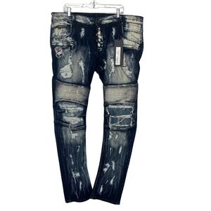 Rockstar Original Biker Jeans Men‎ 44 Blue Distressed Moto Slim Fit RS-81214-DRT